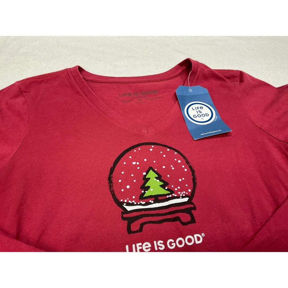 Life‎ is Good Women's Red Long Sleeve V Neck Christmas Tree Graphic T Shirt Sz M - Picture 3 of 8